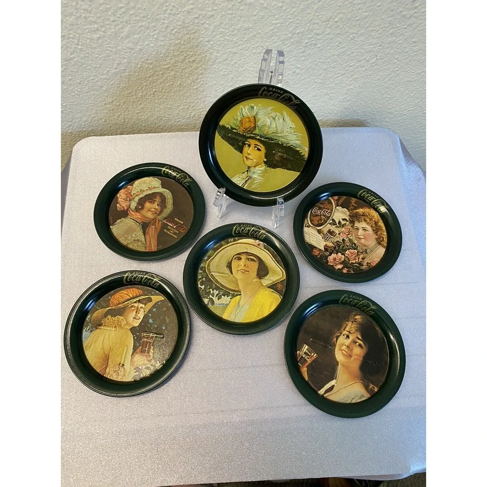 COCA COLA Set 6 Metal Tin Coasters Victorian Calendar Ladies Green 1983 Coke